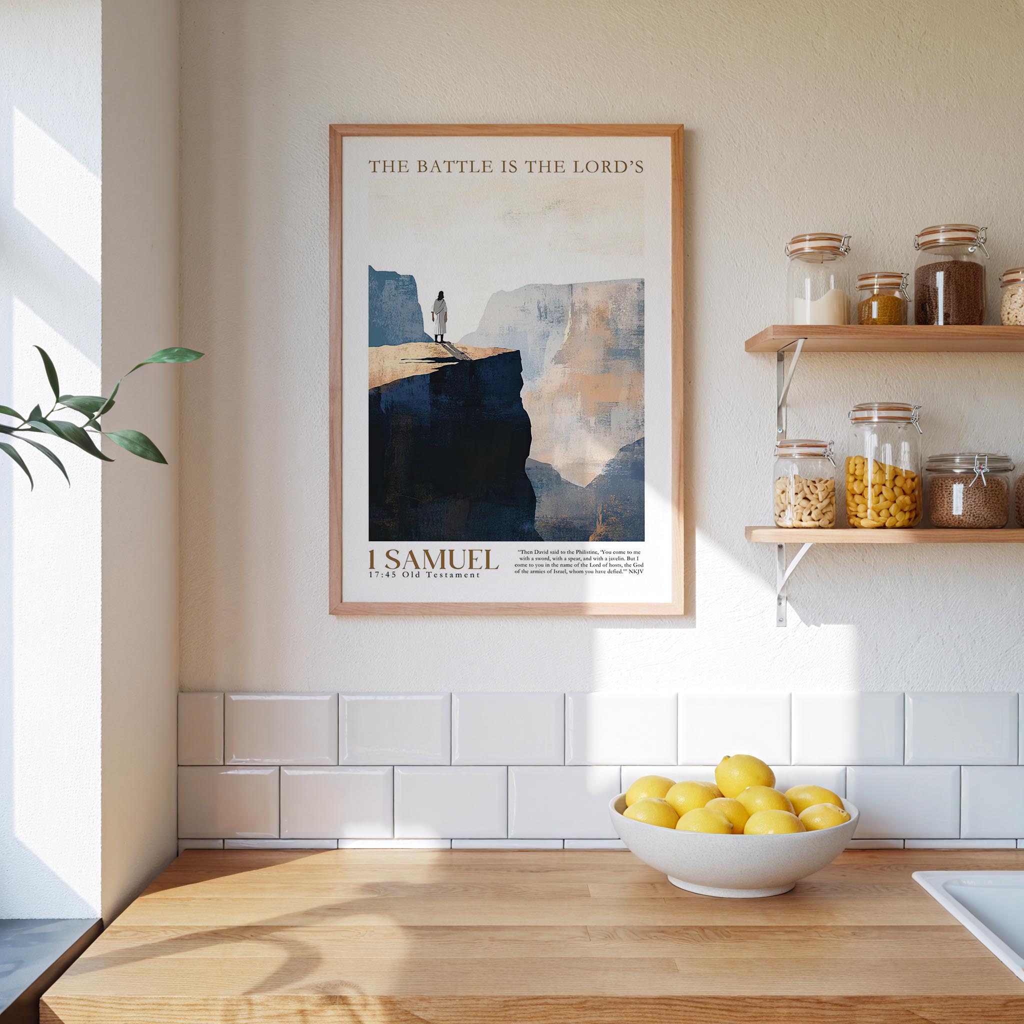 a kitchen counter with a bowl of lemons, a framed poster of a mountain landscape, and a shelf with various jars and containers.