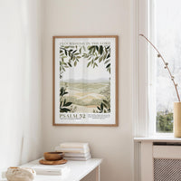 a framed poster of a landscape with a quote from the Bible, " Psalm 52: Old Testament verse from the book of Psalms."