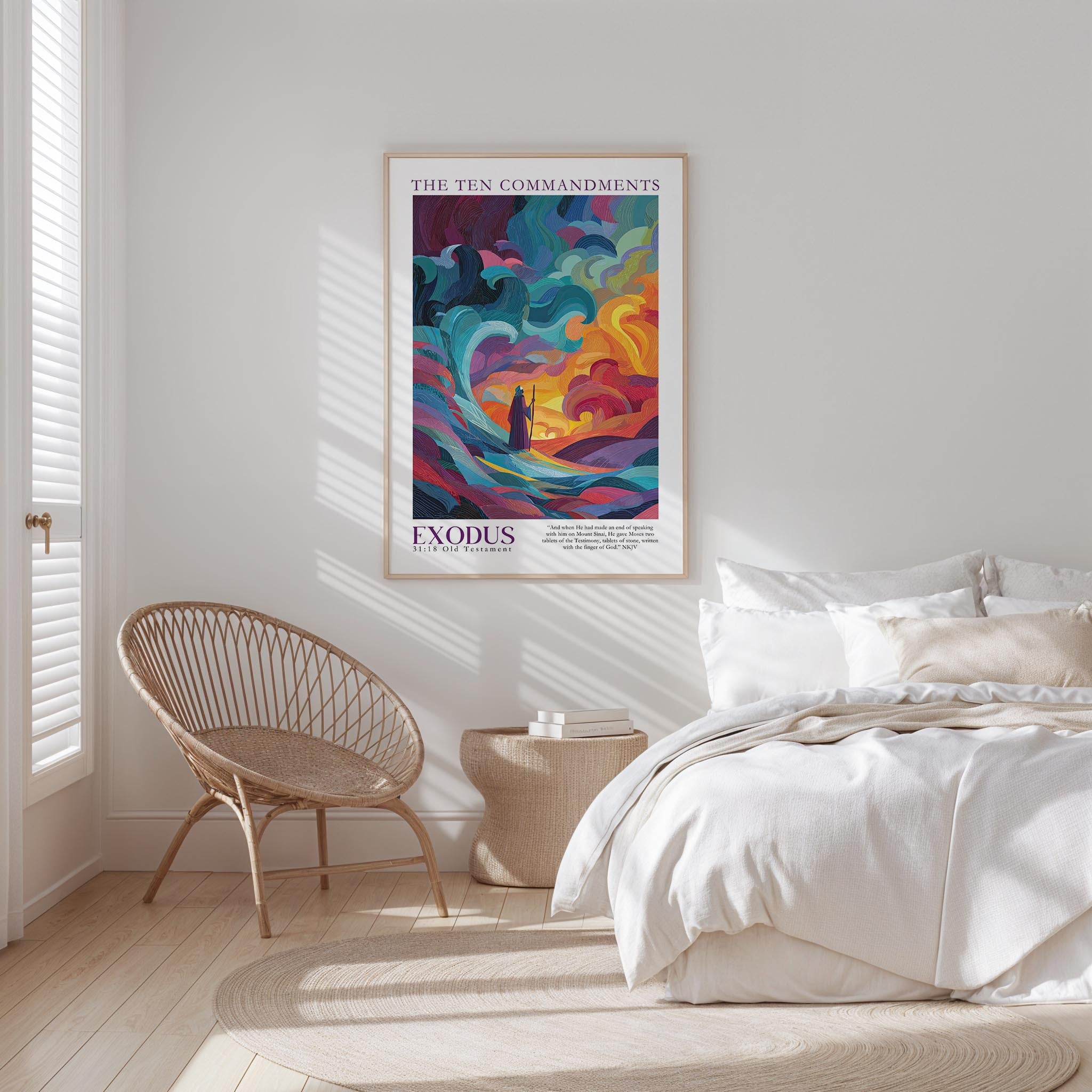 a bedroom with a bed, a woven chair, and a colorful poster of the Ten Commandments hanging on the wall.