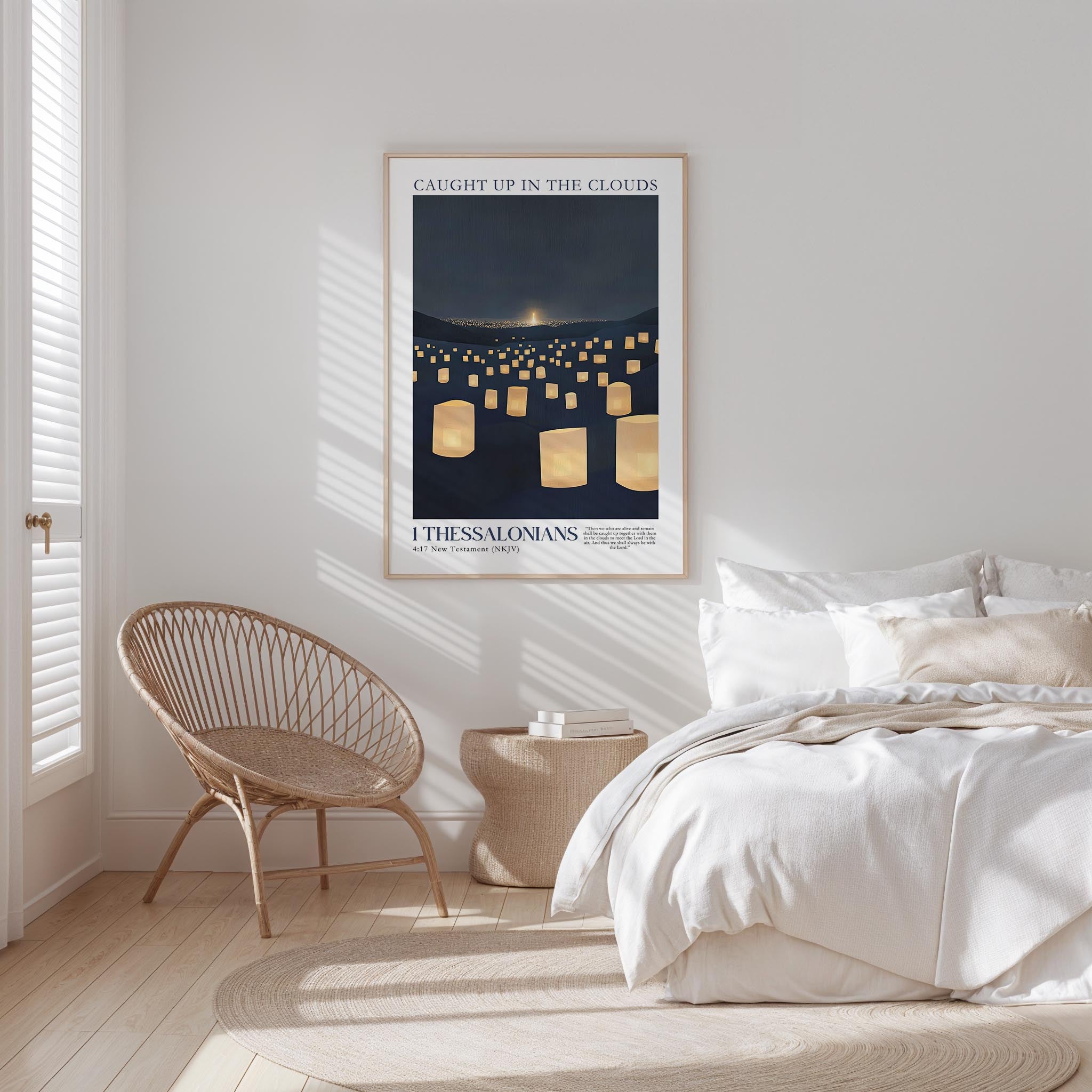 a serene bedroom scene with a bed, a woven chair, and a framed poster of a night sky with floating lanterns.