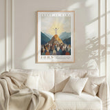 a framed poster of a religious scene with a figure standing on a mountain, surrounded by a crowd of people.