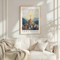 a framed poster of a religious scene with a figure standing on a mountain, surrounded by a crowd of people.