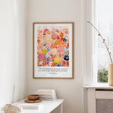 a framed poster of a colorful floral design hanging on a wall, with a quote from Isaiah 58:1-3 displayed below the poster.