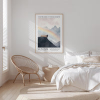 a serene bedroom scene with a bed, a woven chair, and a framed poster of a mountain landscape with a rainbow.