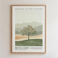 The image is a framed poster with a minimalist design featuring a tree in the foreground and mountains in the background. The text on the poster reads "HEALING OF THE NATIONS" and "REVELATION 22:2 New Testament (N.J.v)" along with a quote from the New Testament.
