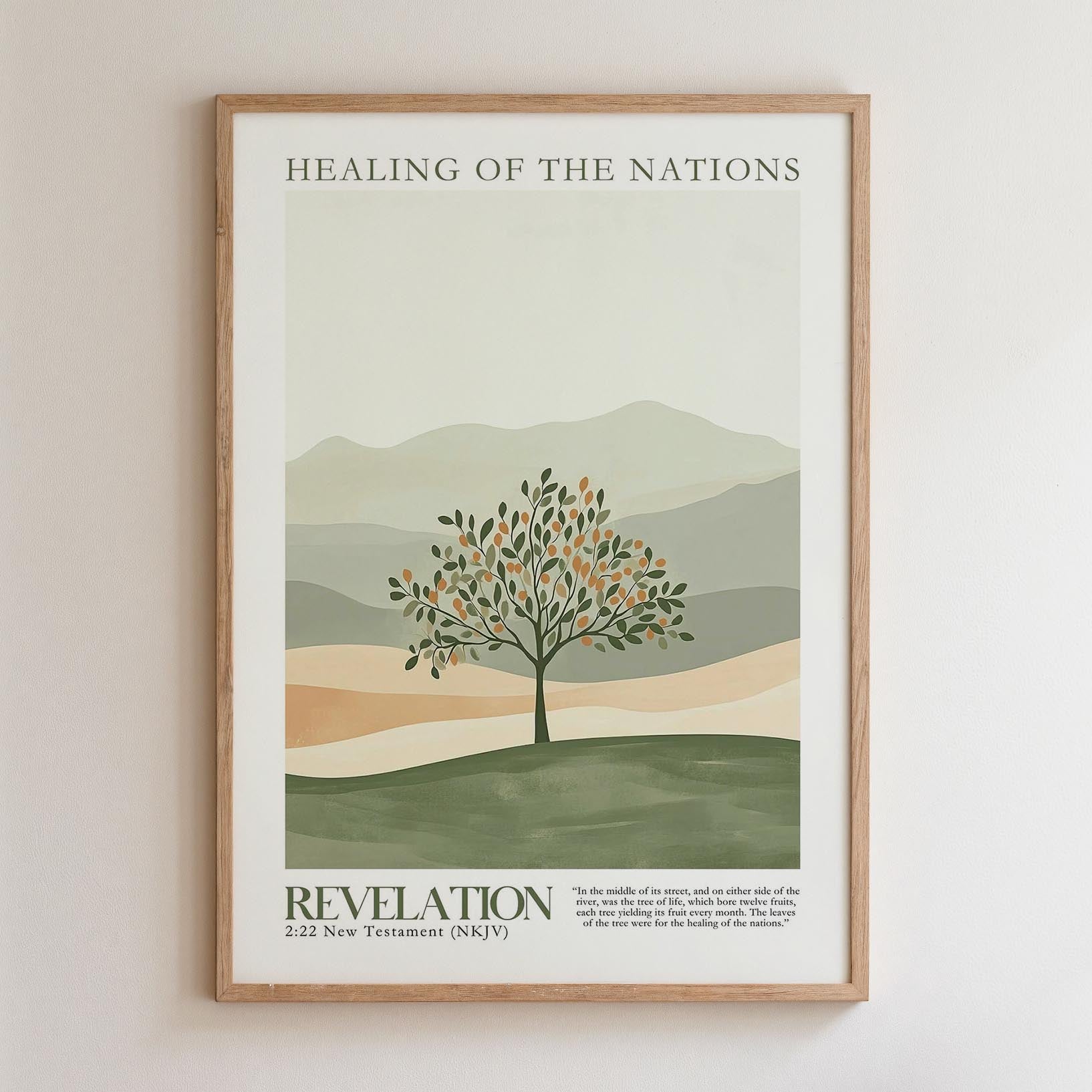 The image is a framed poster with a minimalist design featuring a tree in the foreground and mountains in the background. The text on the poster reads "HEALING OF THE NATIONS" and "REVELATION 22:2 New Testament (N.J.v)" along with a quote from the New Testament.