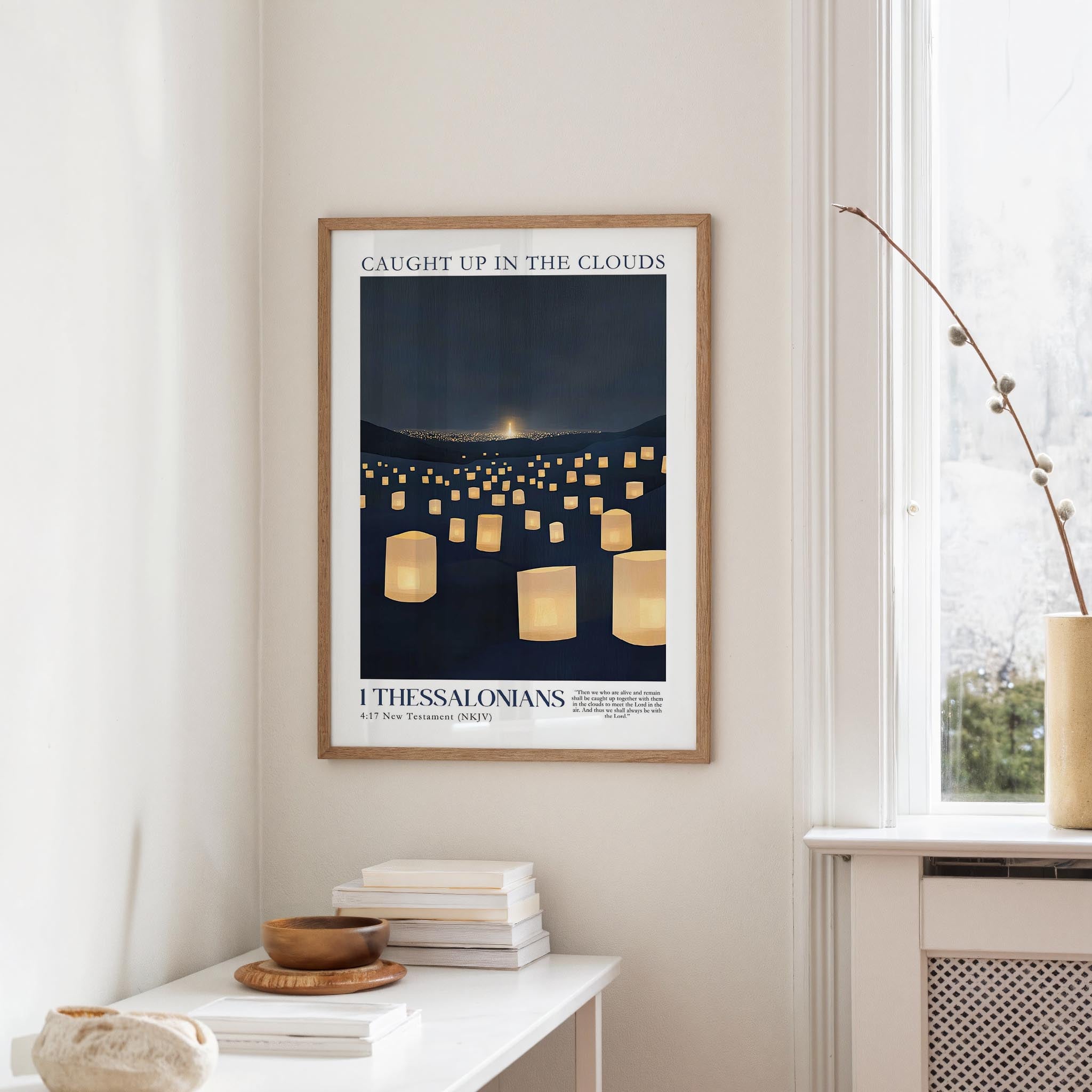a framed poster of a nighttime scene with numerous lit lanterns, hanging on a wall in a room.