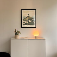 a white cabinet with a framed poster of a pastoral scene above it, a small potted plant, and a lamp on the cabinet.
