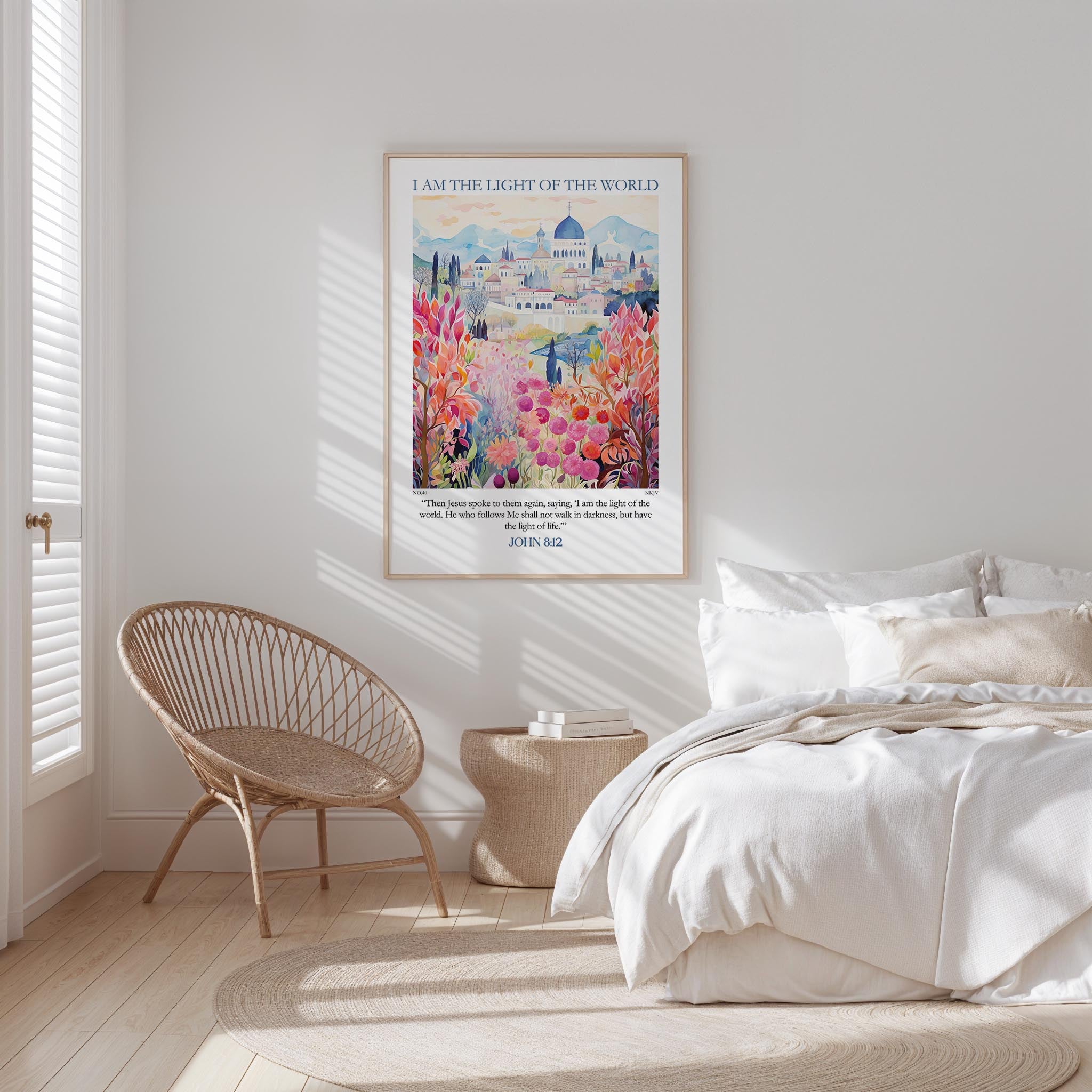 a bedroom with a large poster of a colorful floral landscape hanging on the wall above a bed with white bedding.