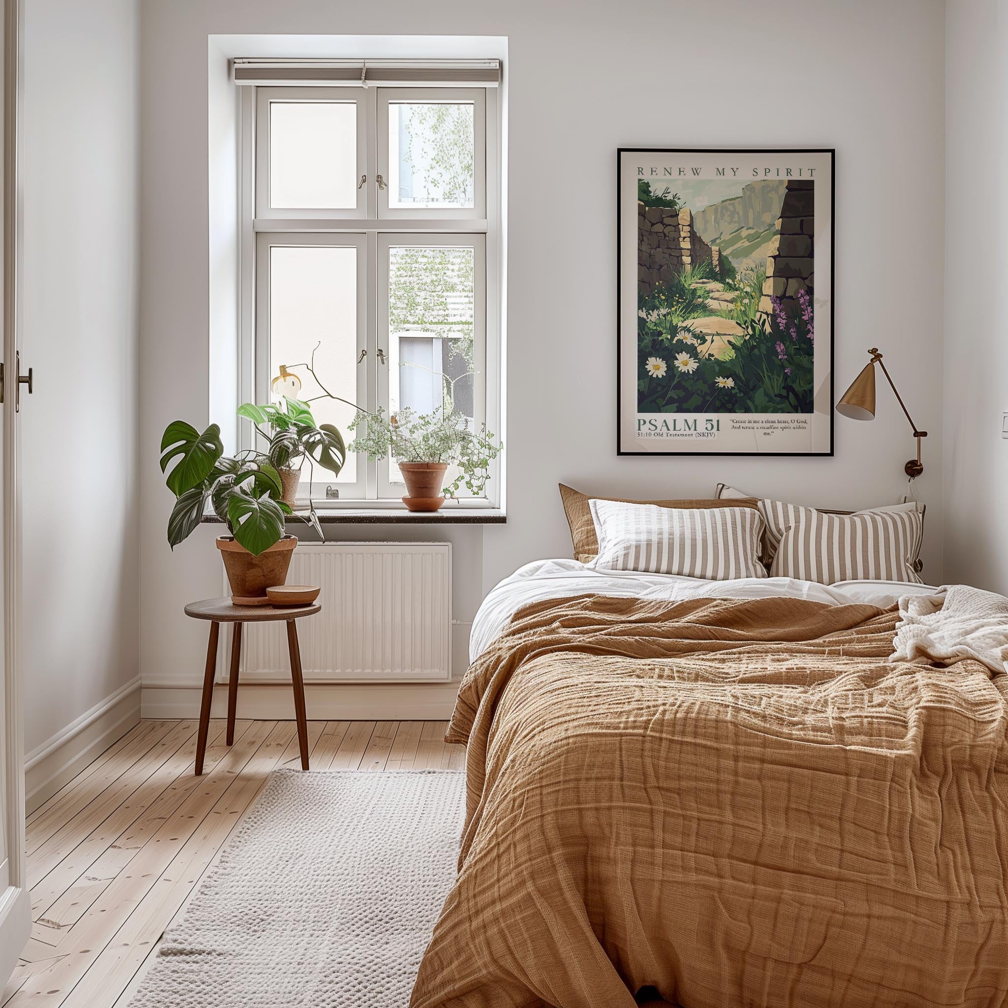 A cozy bedroom with a large bed, a wooden nightstand, and a potted plant. The room has a window with a view of a garden, and a framed poster on the wall.