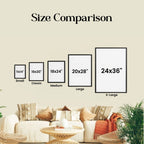 a series of framed artworks or photographs of different sizes, ranging from small to large, displayed on a wall.