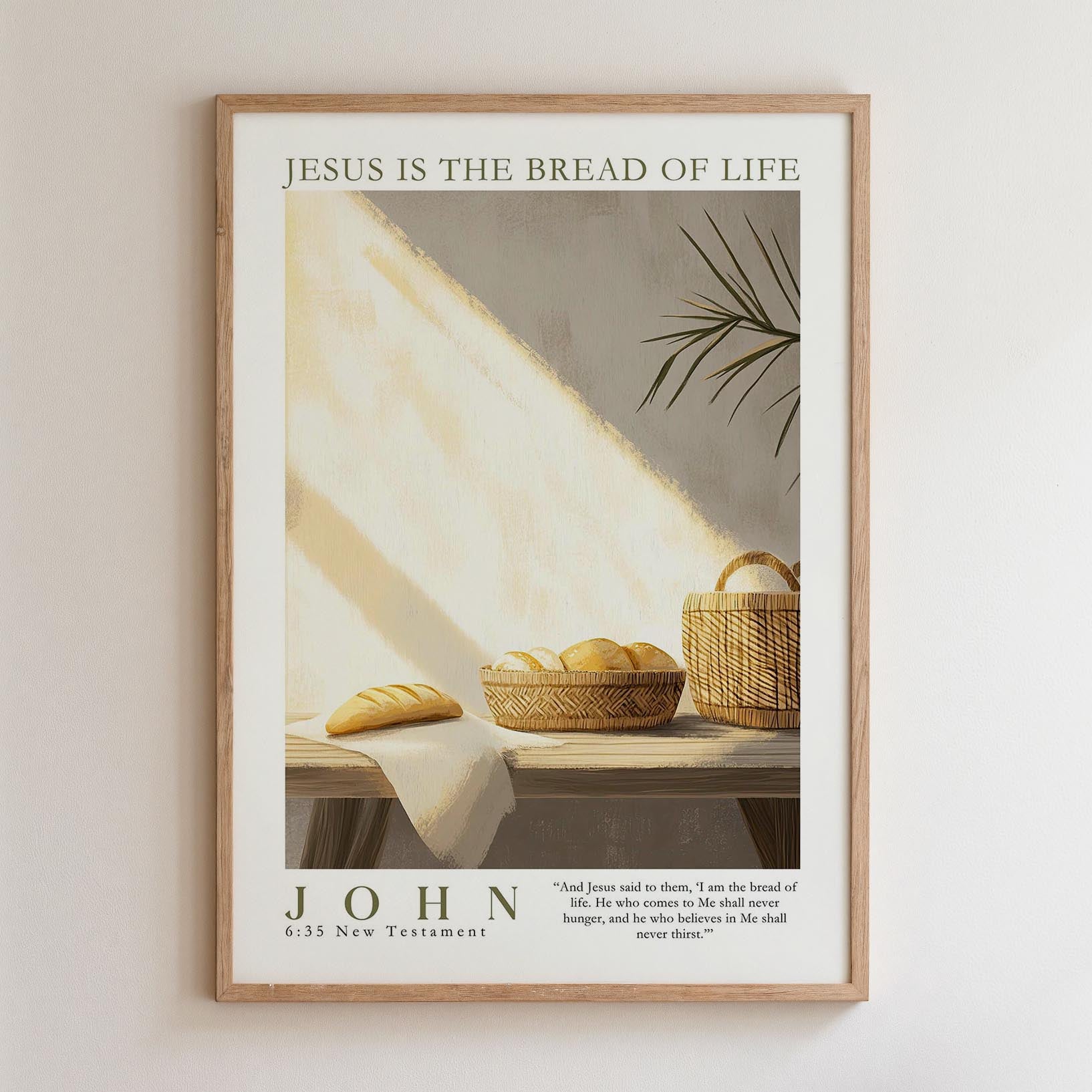The image is a framed poster with a serene scene of bread and a plant, accompanied by a quote from the Bible about Jesus being the bread of life.