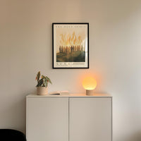 a white cabinet with a potted plant and a lamp on top, set against a white wall with a framed poster above it.