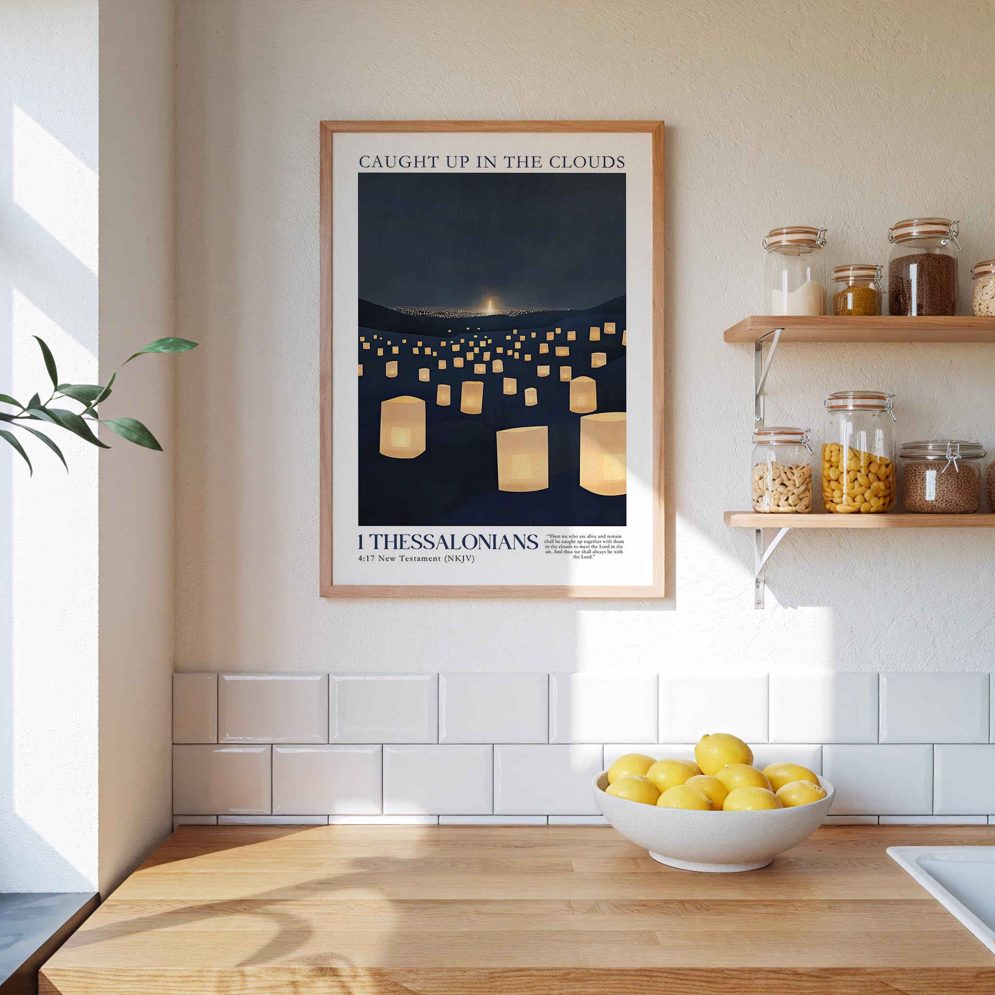 a kitchen scene with a framed poster of a night sky with numerous lit lanterns hanging from it, a bowl of lemons on a wooden counter, and shelves with various jars and containers.