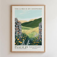 The image is a framed poster depicting a pastoral scene with a stone wall, grassy field, and flowers. The text above the poster reads "THE LORD IS MY SHEPHERD" and below the image is the text "PSALM 23 1:1 Old Testament ( NKJV )".