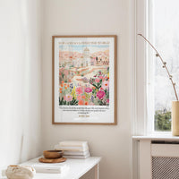 a framed poster of a colorful garden scene with a quote from the Bible, "For God so loved the world, that whoever believed in him would have only been believed in."