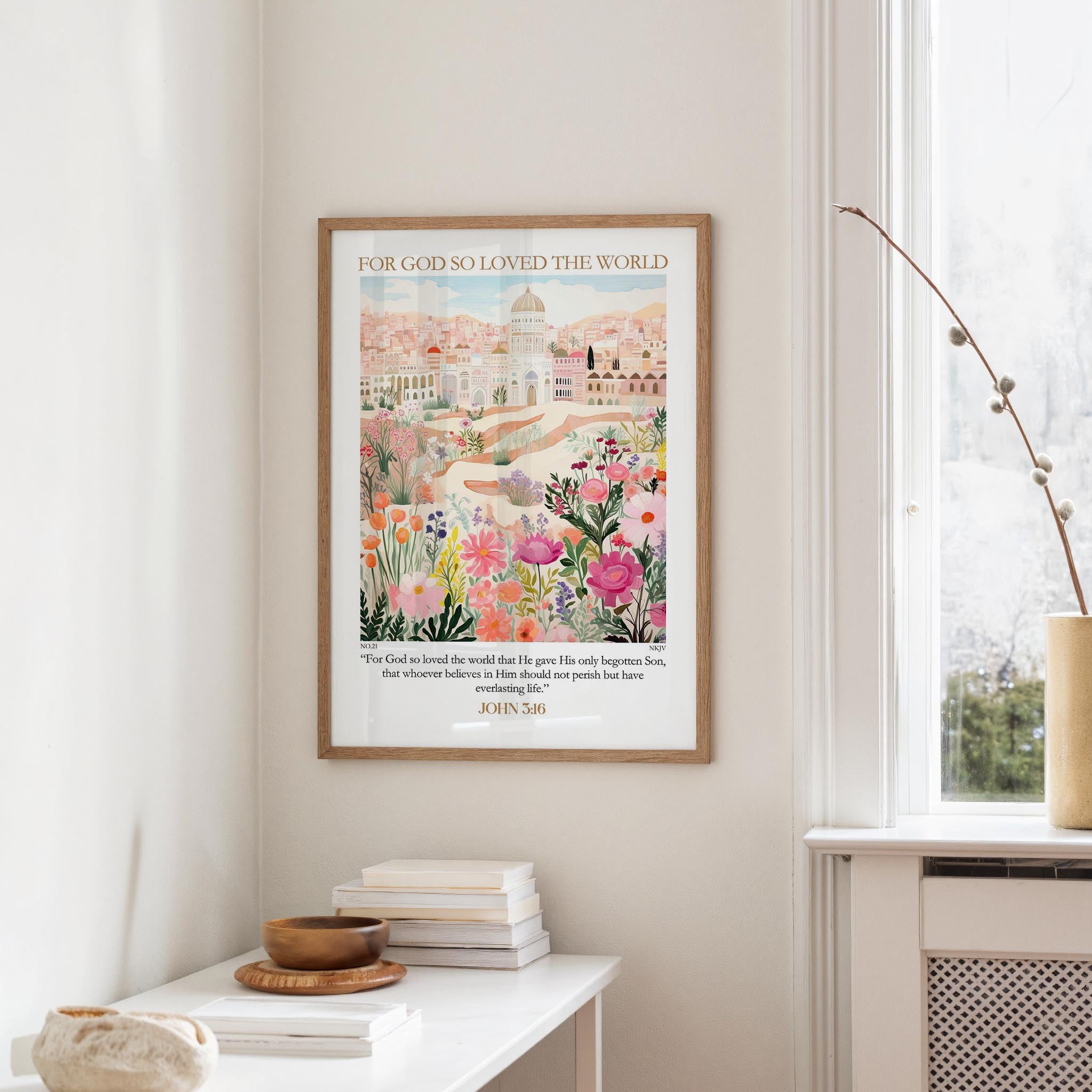 a framed poster of a colorful garden scene with a quote from the Bible, "For God so loved the world, that whoever believed in him would have only been believed in."
