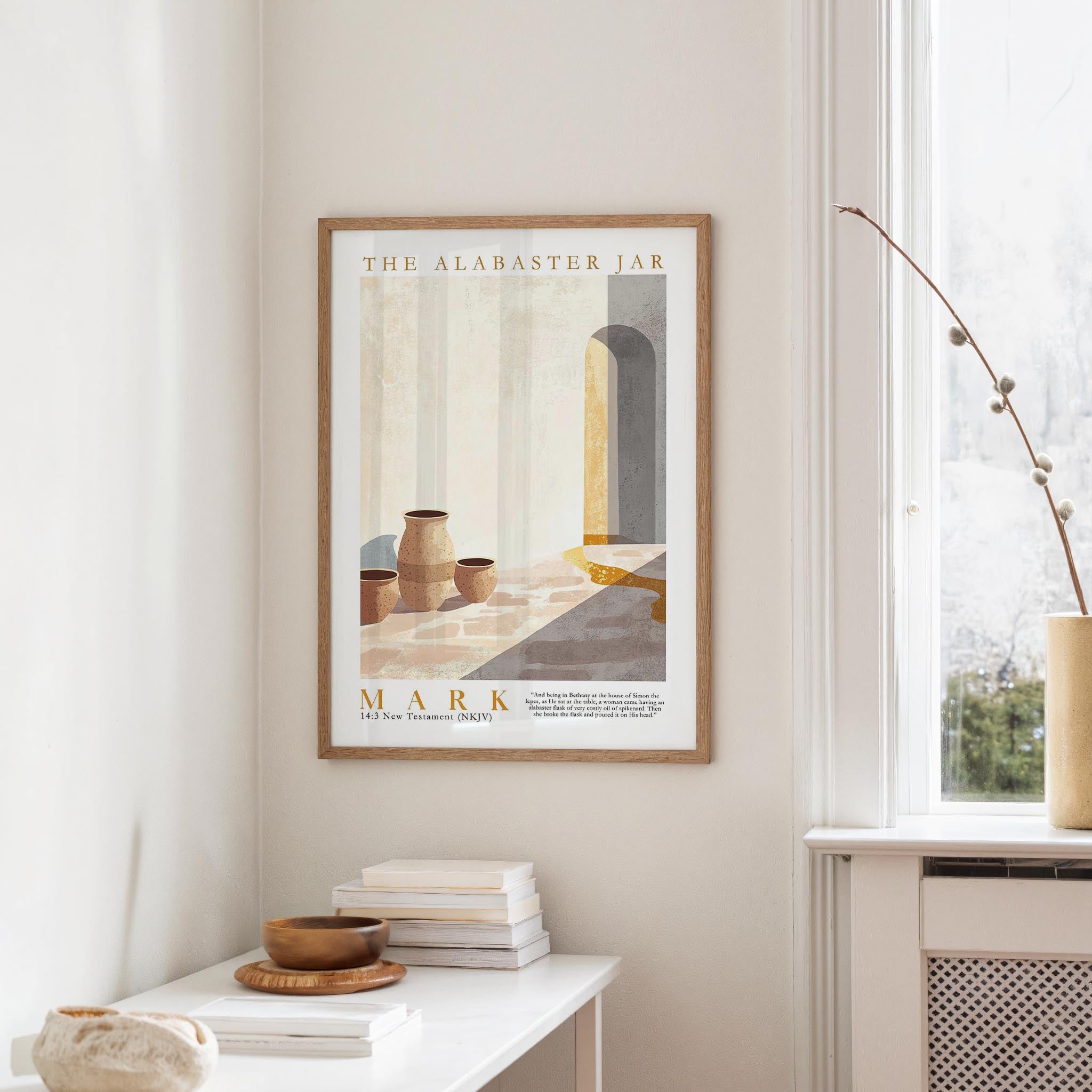 a framed poster of a room with a window, a table with books and a bowl, and a plant on a shelf.