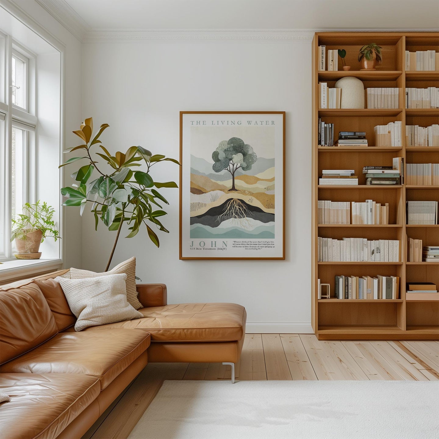 a cozy living room with a large bookshelf filled with books, a comfortable leather couch, and a large framed poster of a tree on the wall.