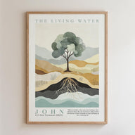 The image is a framed poster depicting a tree with roots emerging from a body of water, accompanied by a quote from the Bible about the importance of water.