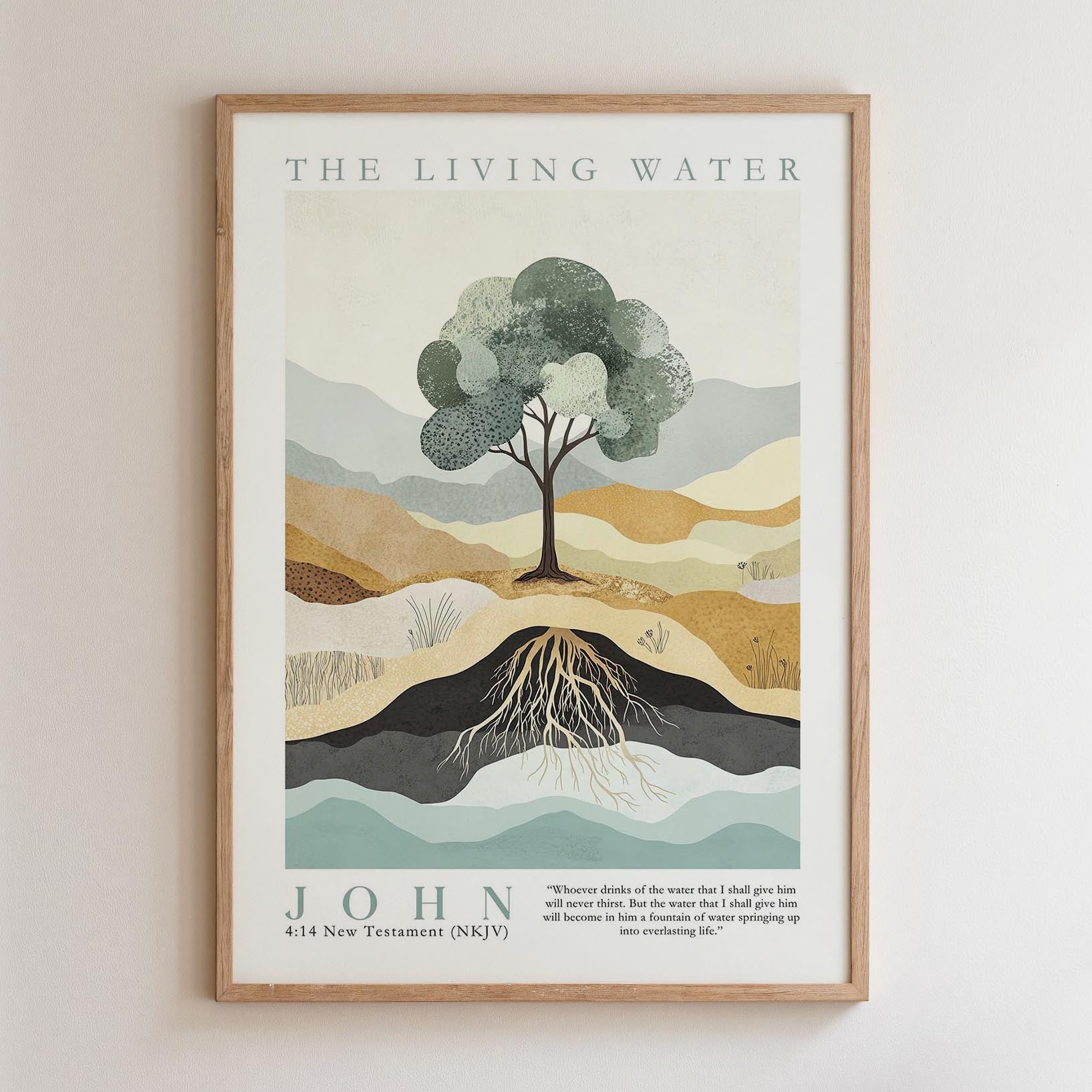 The image is a framed poster depicting a tree with roots emerging from a body of water, accompanied by a quote from the Bible about the importance of water.