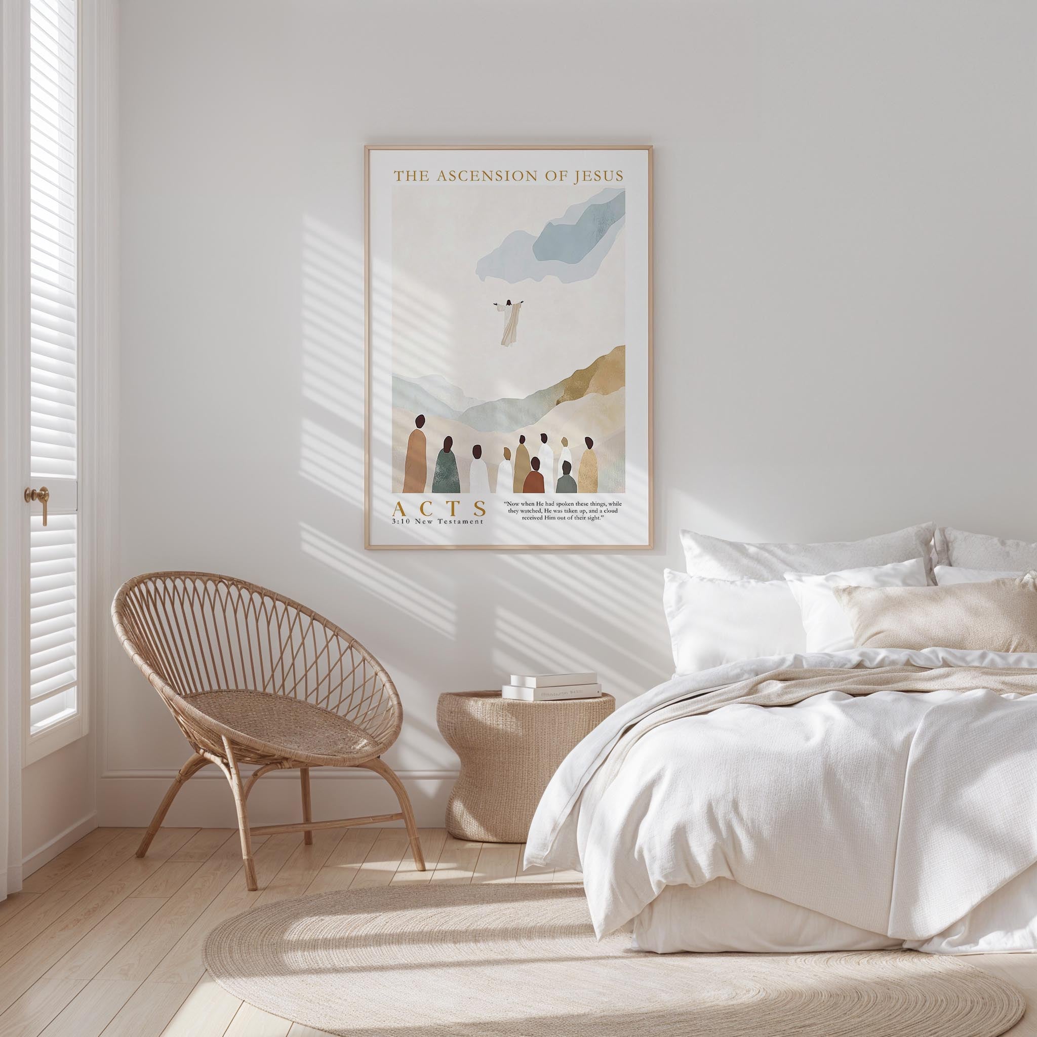 a serene bedroom scene with a bed, a woven chair, and a framed poster of a religious figure above the bed.