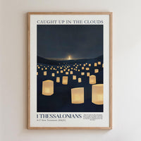 The image is a framed poster depicting a night scene with numerous lit lanterns floating in the air, creating a sense of wonder and tranquility.