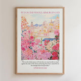 The image is a framed poster with a colorful illustration of a cityscape and flowers. The poster has a religious message and a Bible verse from Ephesians 6:11.