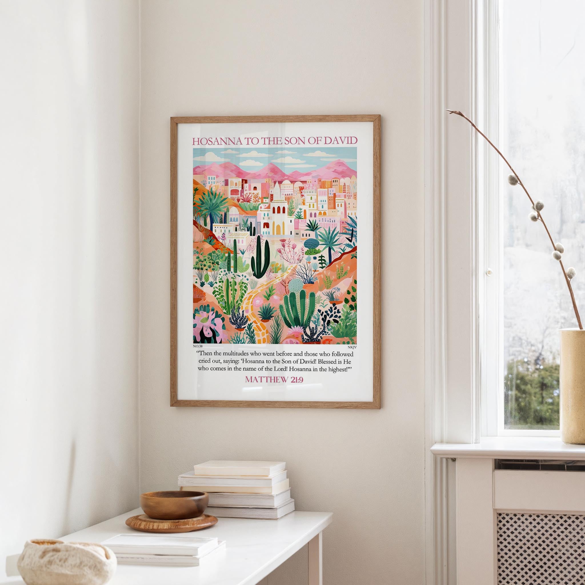 a framed poster of a desert landscape with a quote from the Bible, "MATTHEW 24:1-21".