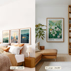 The image is a split view of a bedroom and a living room, with two different sizes of framed artworks hanging on the walls.