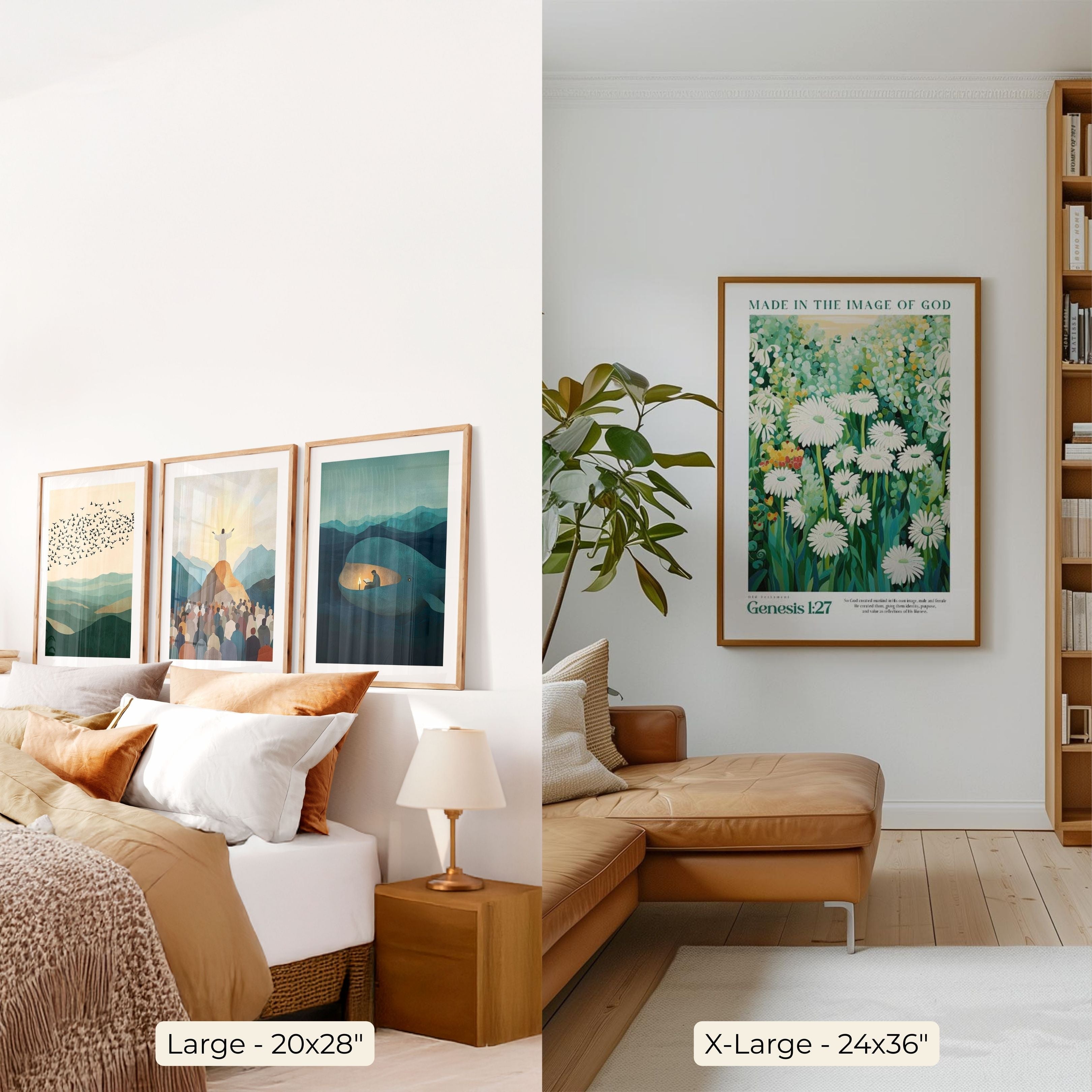 The image is a split view of a bedroom and a living room, with two different sizes of framed artworks hanging on the walls.