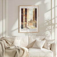 a framed poster of a person walking through a doorway, with the text "God can turn evil into good" above it. The poster is displayed on a white wall above a white couch with a blanket draped over it.