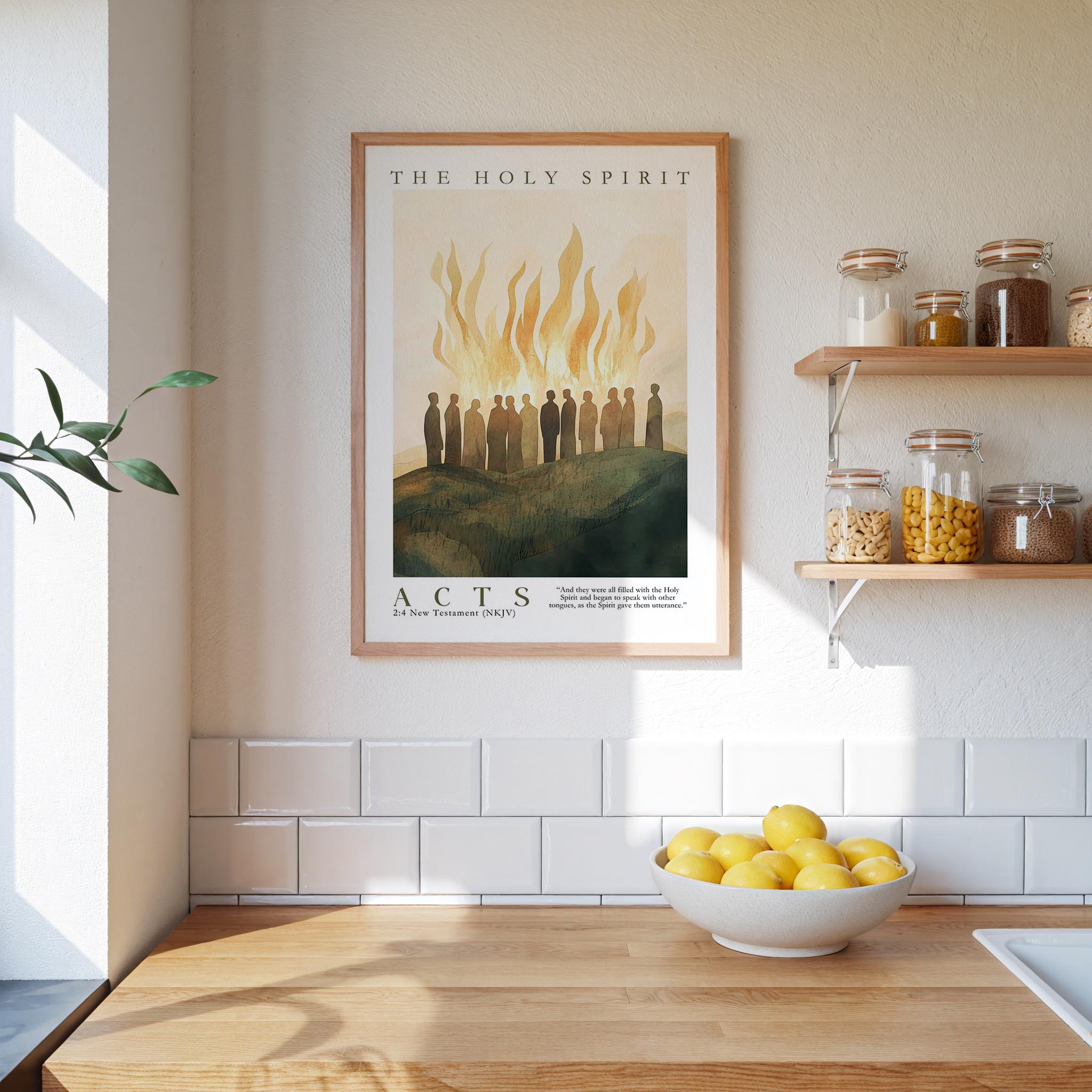 a kitchen counter with a bowl of lemons, a framed poster of a group of people, and shelves with various jars and containers.