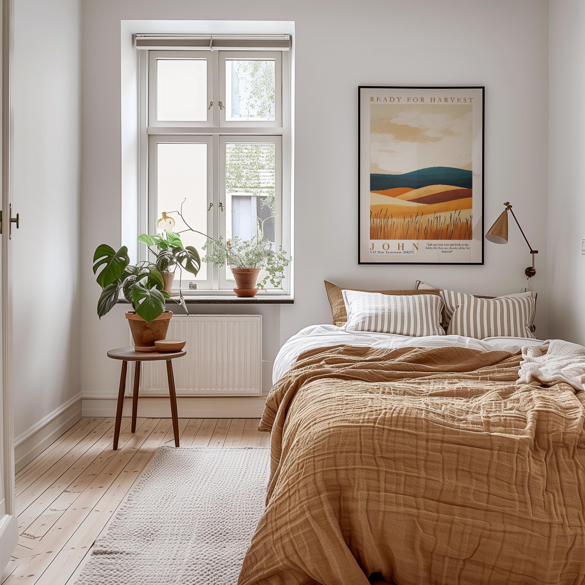 a cozy bedroom with a large bed, a nightstand, and a window with a plant on the sill. The room has a warm, inviting atmosphere with a neutral color palette and natural elements like the potted plant and the wooden floor.