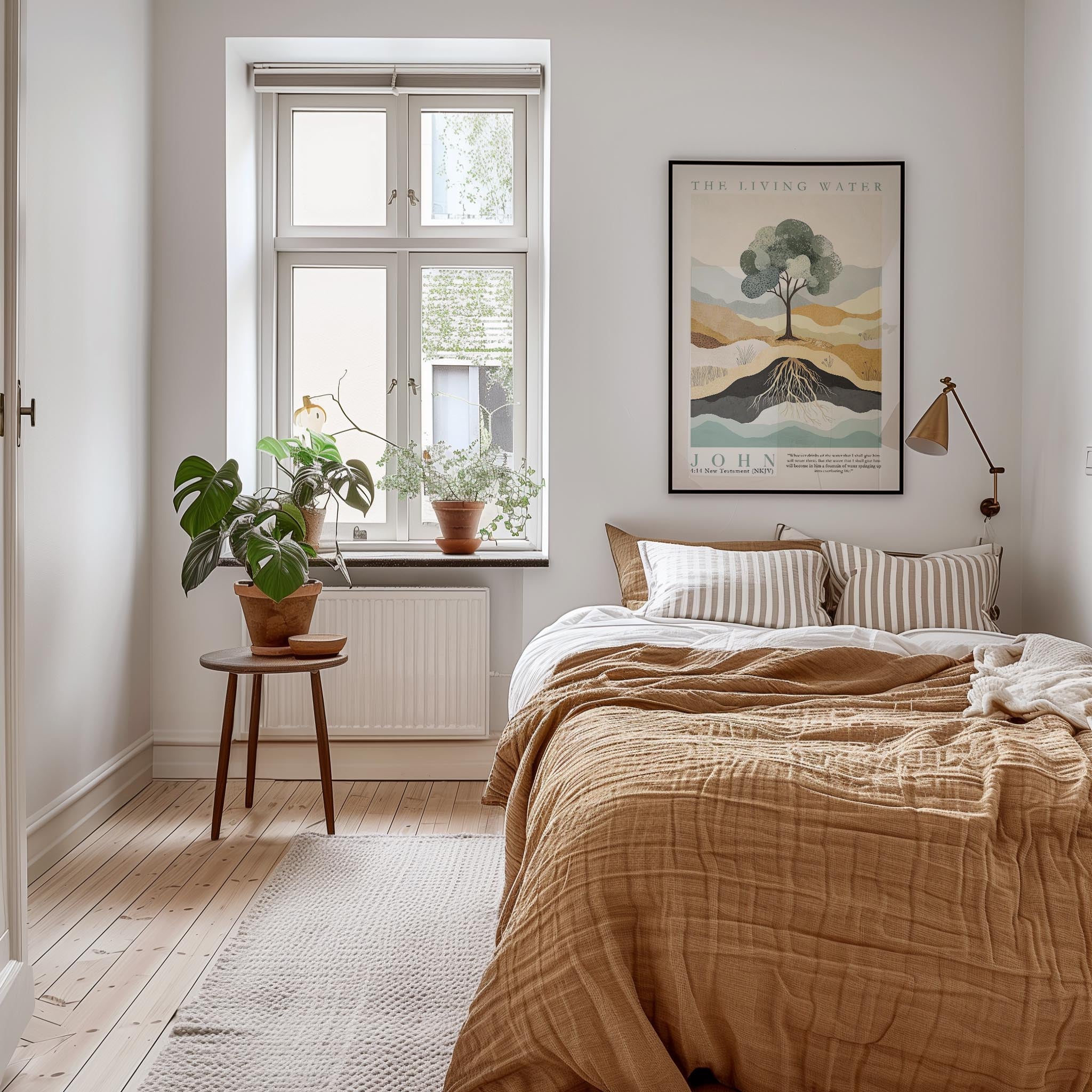 a cozy bedroom with a large bed, a nightstand, and a potted plant. The room has a warm, inviting atmosphere with a wooden floor and a large window that allows natural light to fill the space.
