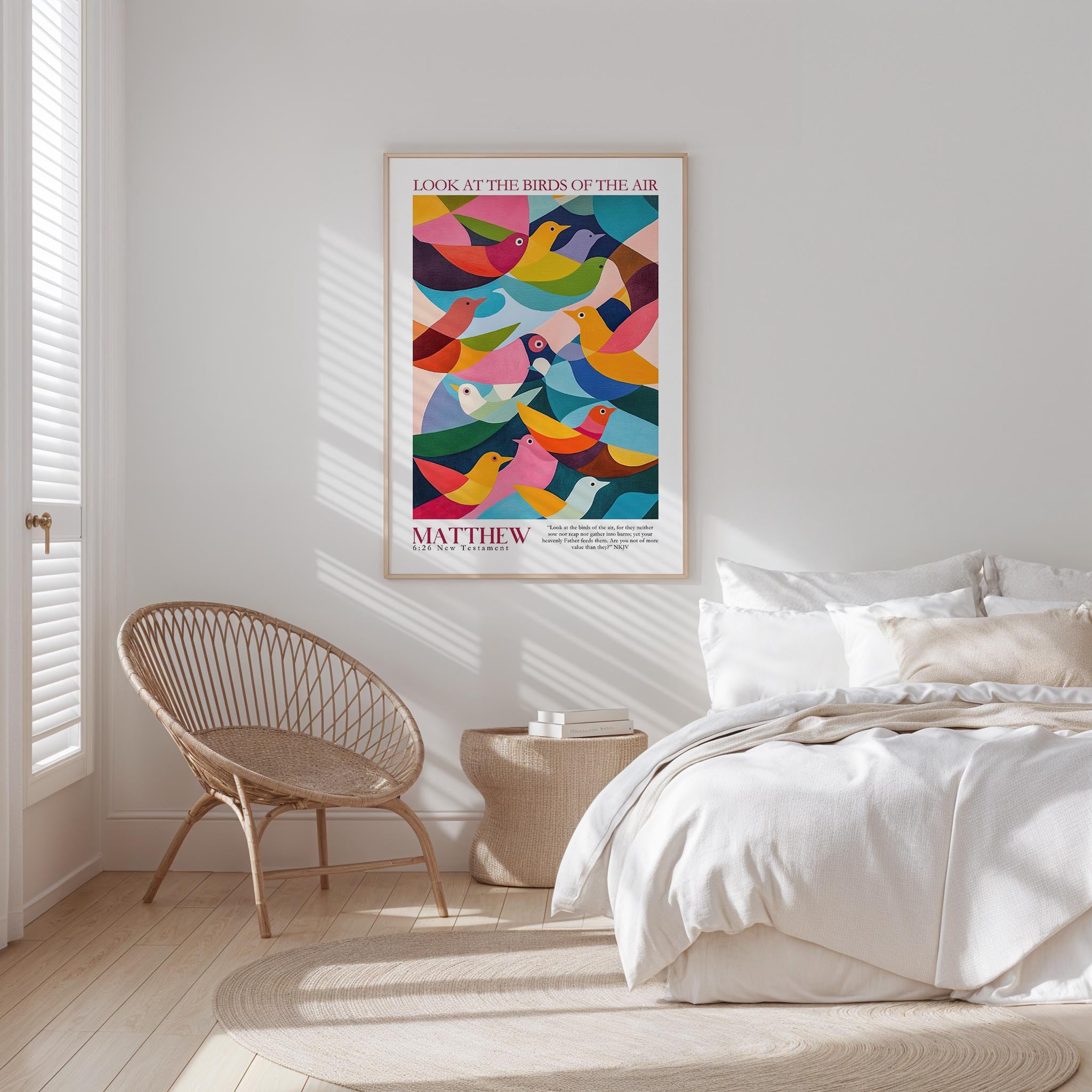 a bedroom with a bed, a woven chair, and a poster of colorful birds on the wall.