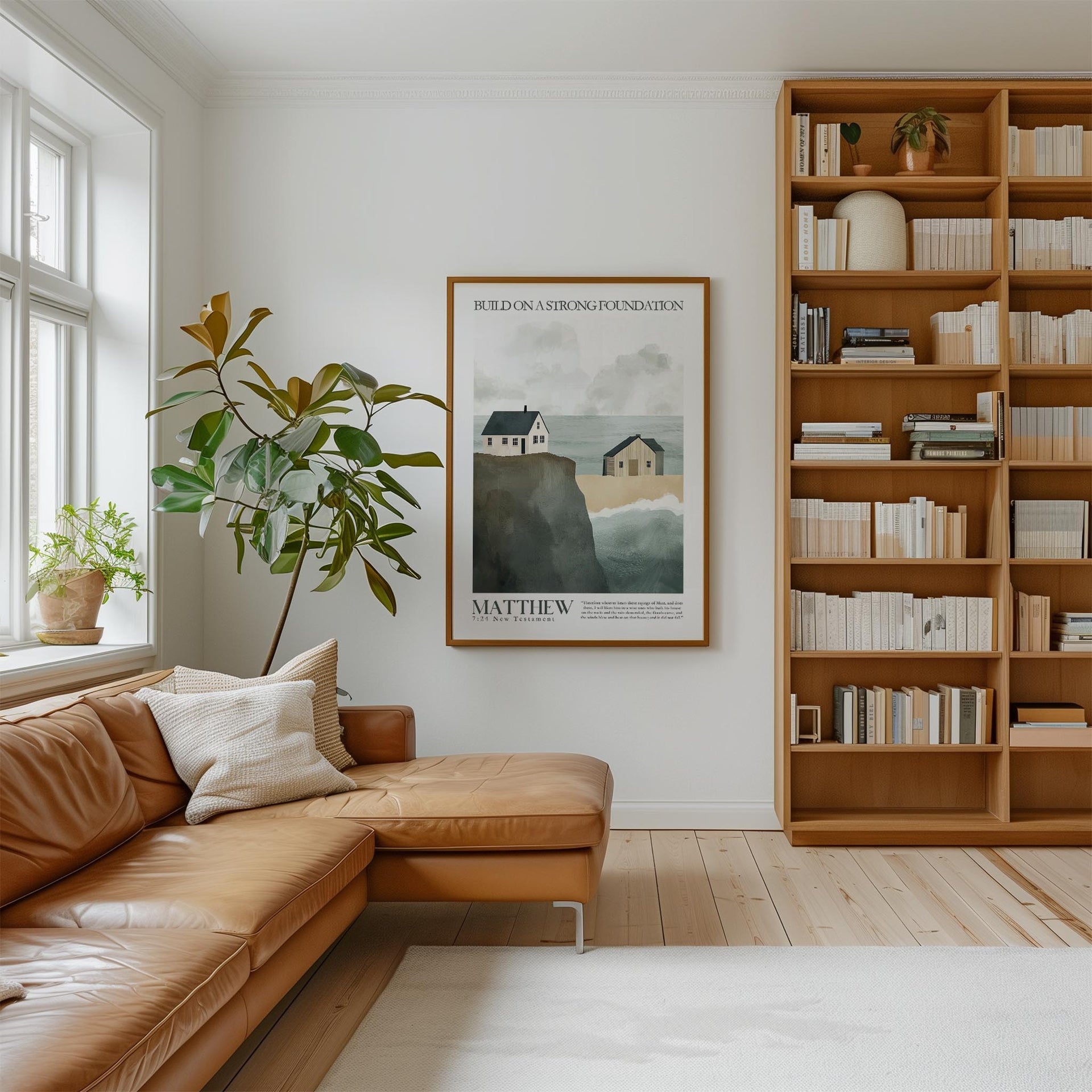 a cozy living room with a large bookshelf filled with books, a comfortable leather sofa, and a framed poster of a house on a cliff.