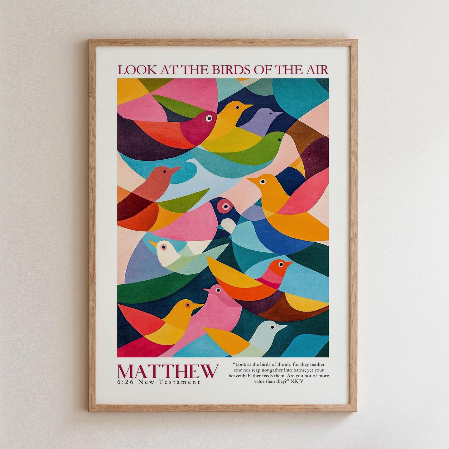 The image is a framed poster featuring a vibrant, abstract illustration of various colorful birds in flight. The poster has a white background and a wooden frame.