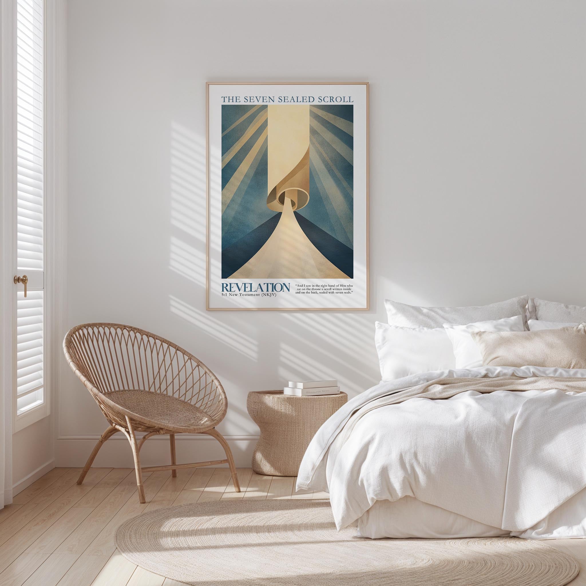 a bedroom with a bed, a woven chair, and a framed poster on the wall.