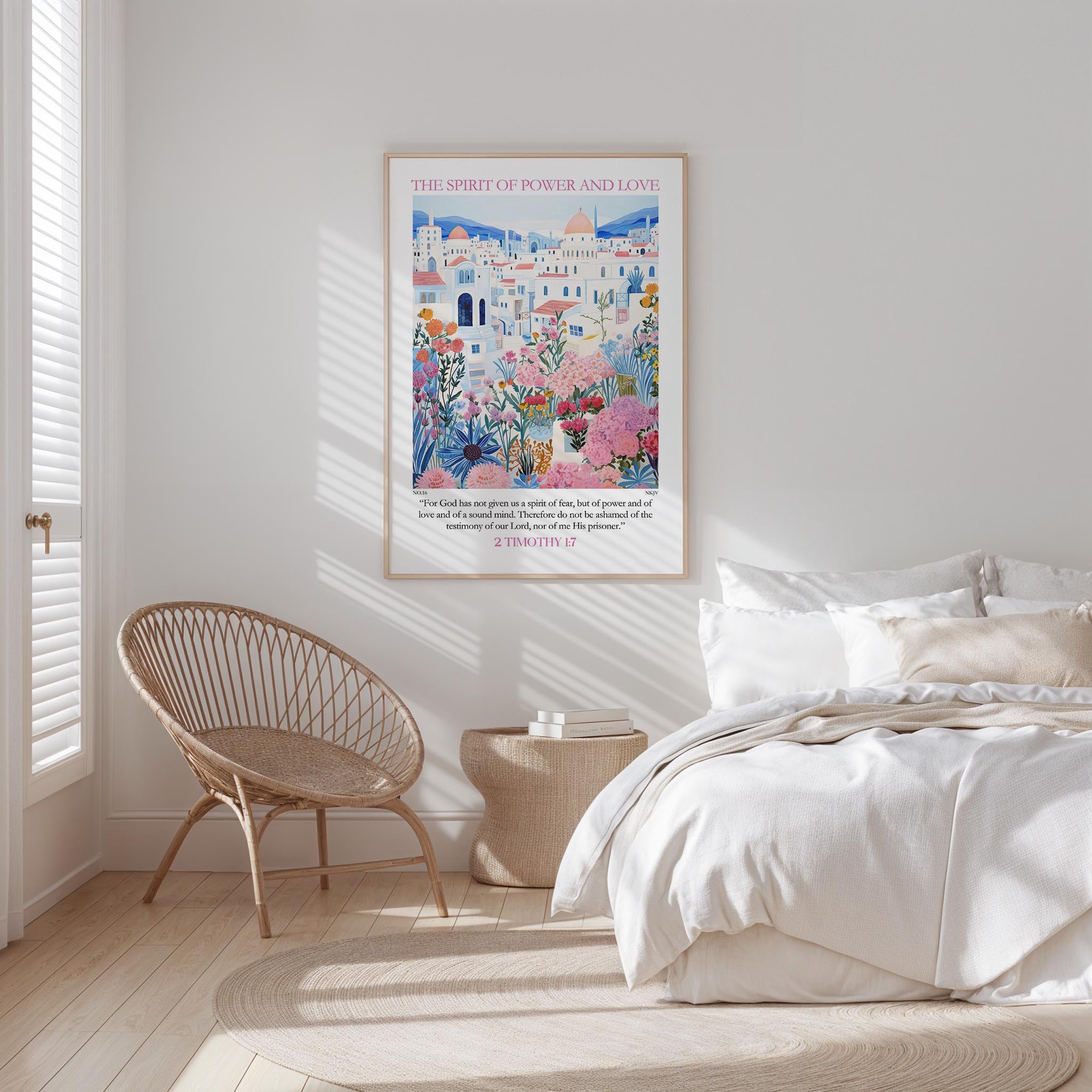 a bedroom with a bed, a woven chair, and a framed poster on the wall.