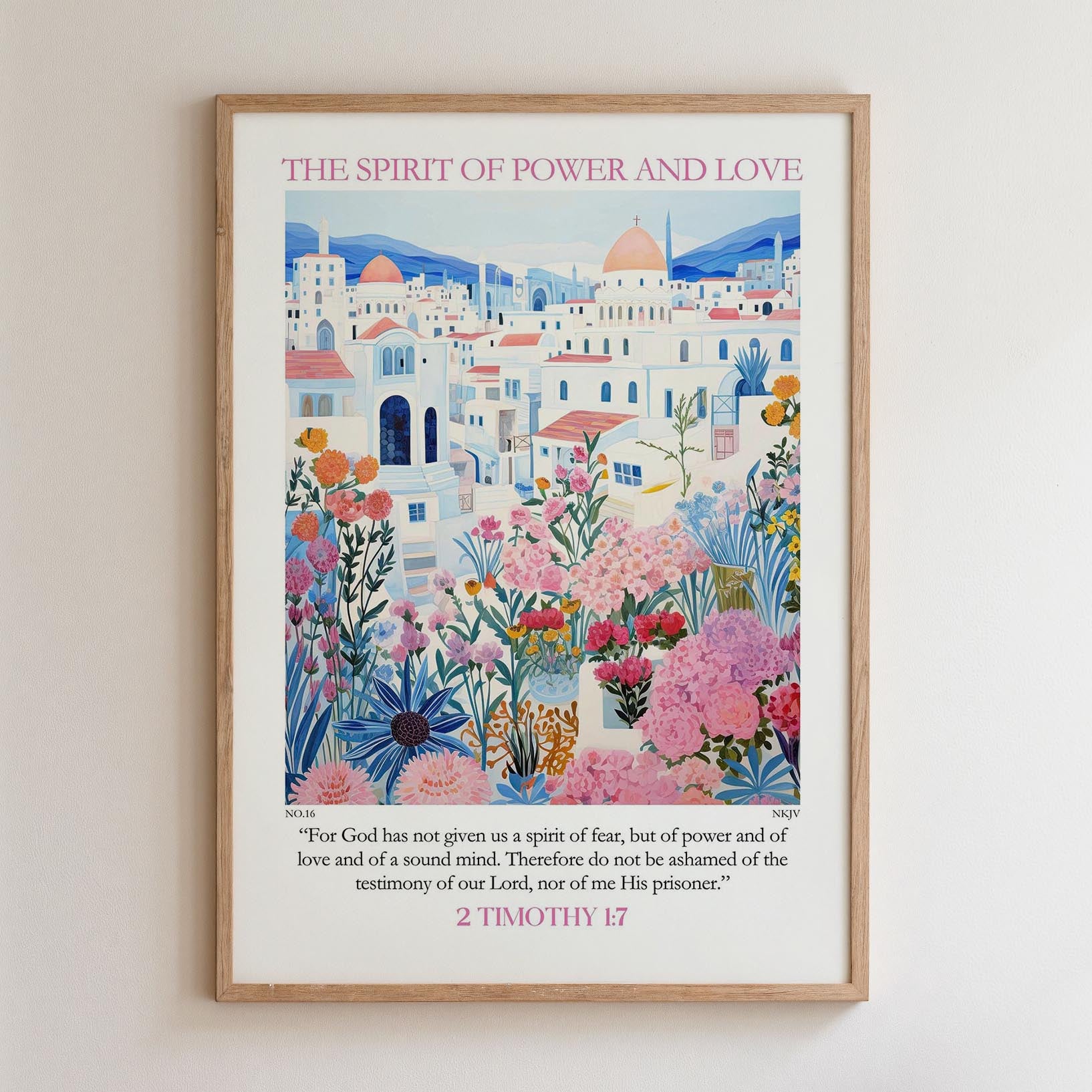 The image is a framed poster with a colorful illustration of a cityscape with buildings, flowers, and mountains in the background.