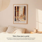 a framed poster of a person walking through a hallway, with the text "God can turn even evil into good" and "Genesis 20: Old Testament" below it. The poster is hanging on a wall above a bed with striped pillows.