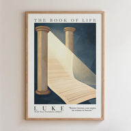 The image is a framed poster with a minimalist design featuring a scroll or piece of paper with a light source shining down on it, along with two columns and a text overlay.