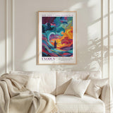 a poster of the Ten Commandments hanging on a wall above a white couch with a blanket draped over it.