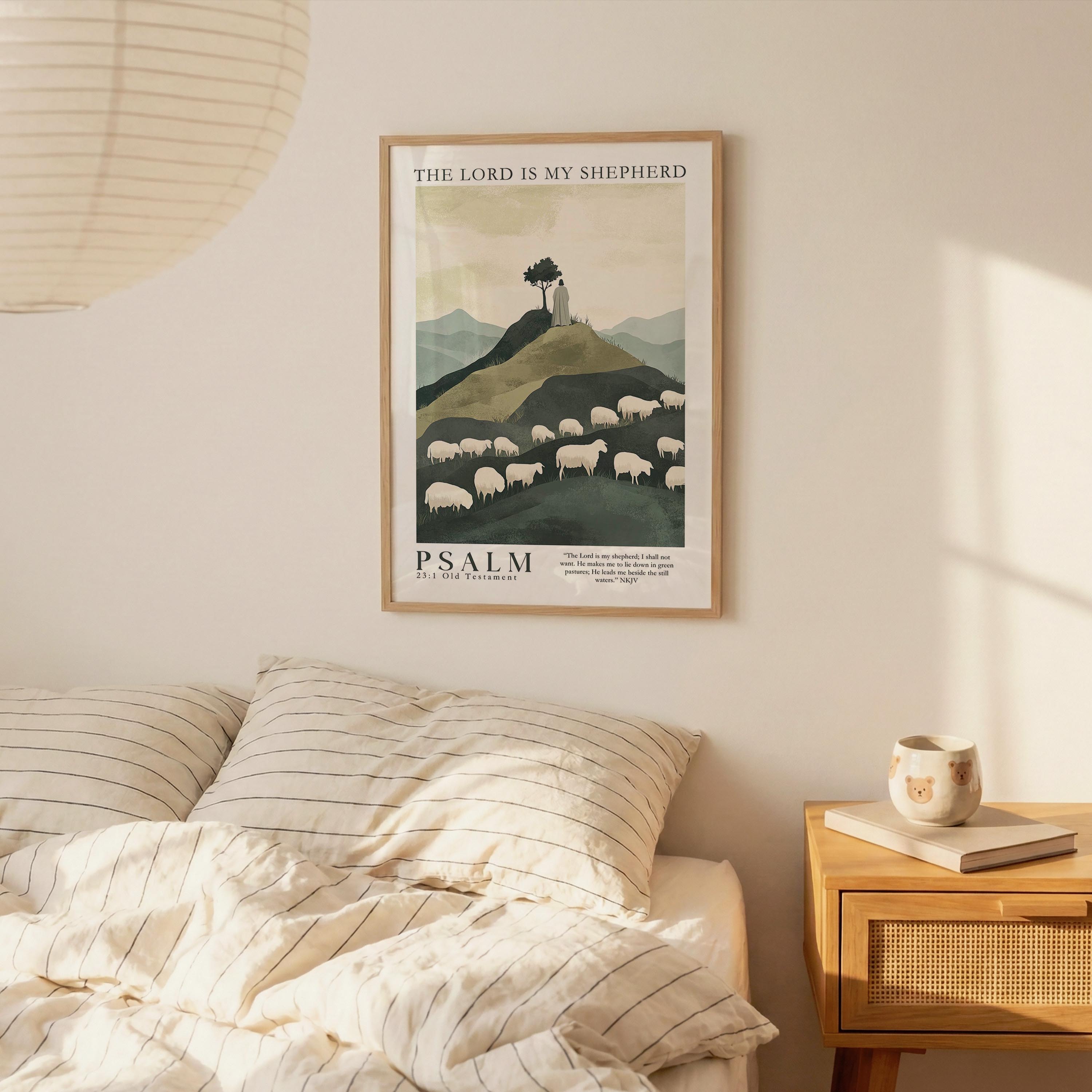 a bedroom scene with a framed poster of a pastoral landscape hanging on the wall above a bed with striped bedding.