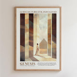 The image is a framed poster with a religious theme, featuring a figure in a robe standing in front of a temple or building with columns. The poster includes text that reads "God can turn evil into good" and "Genesis 50:20-20 Testament".