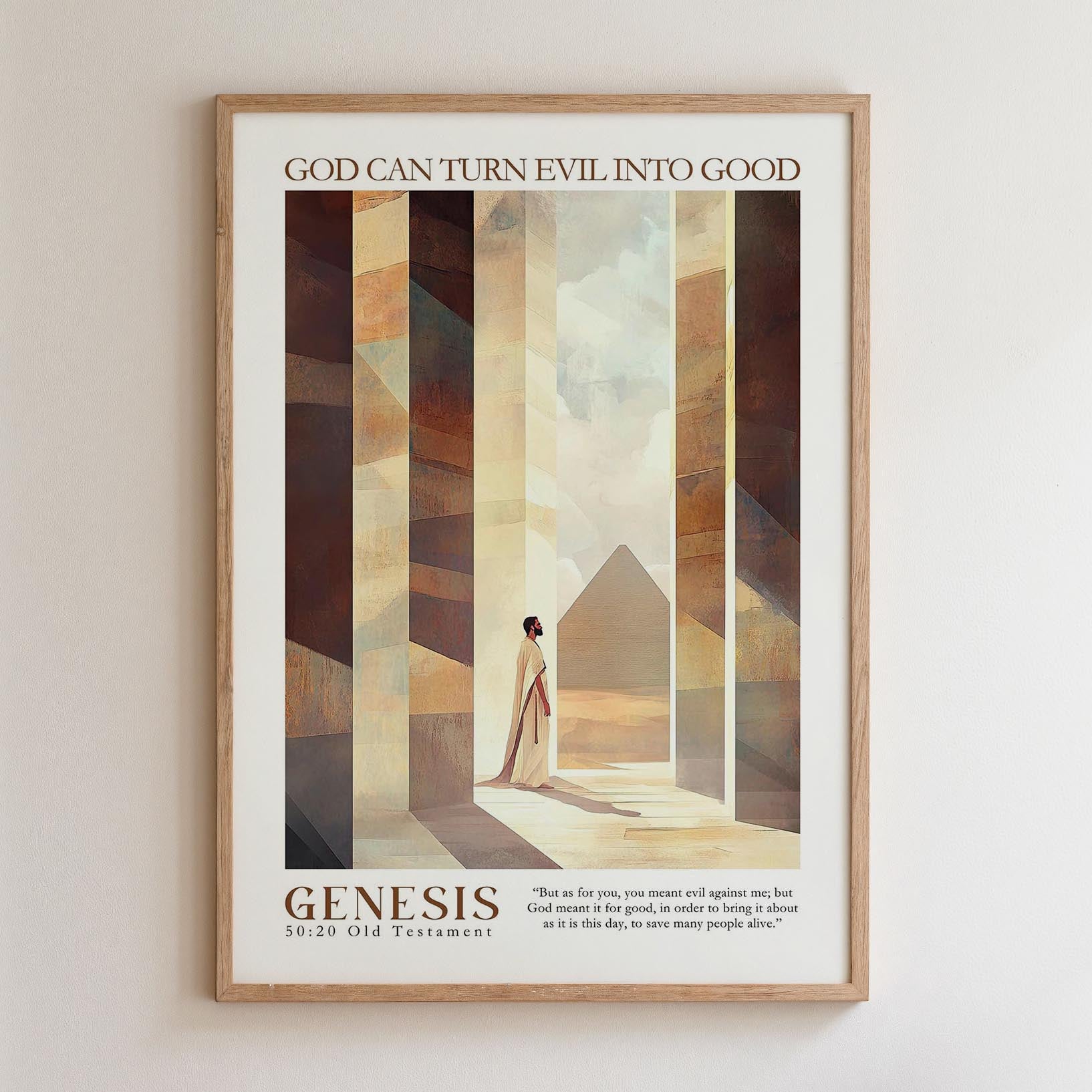 The image is a framed poster with a religious theme, featuring a figure in a robe standing in front of a temple or building with columns. The poster includes text that reads "God can turn evil into good" and "Genesis 50:20-20 Testament".