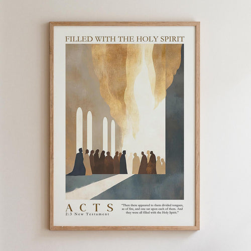The image is a framed poster with an illustration of a group of people in a church or cathedral, with a large archway or doorway in the background. The text on the poster reads "FILLED WITH THE HOLY SPIRIT" and "ACTS 2:3 New Testament".