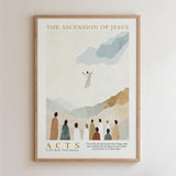 The image is a framed poster depicting a religious scene with a figure in a white robe and a cloud in the sky, along with a group of people in the foreground.