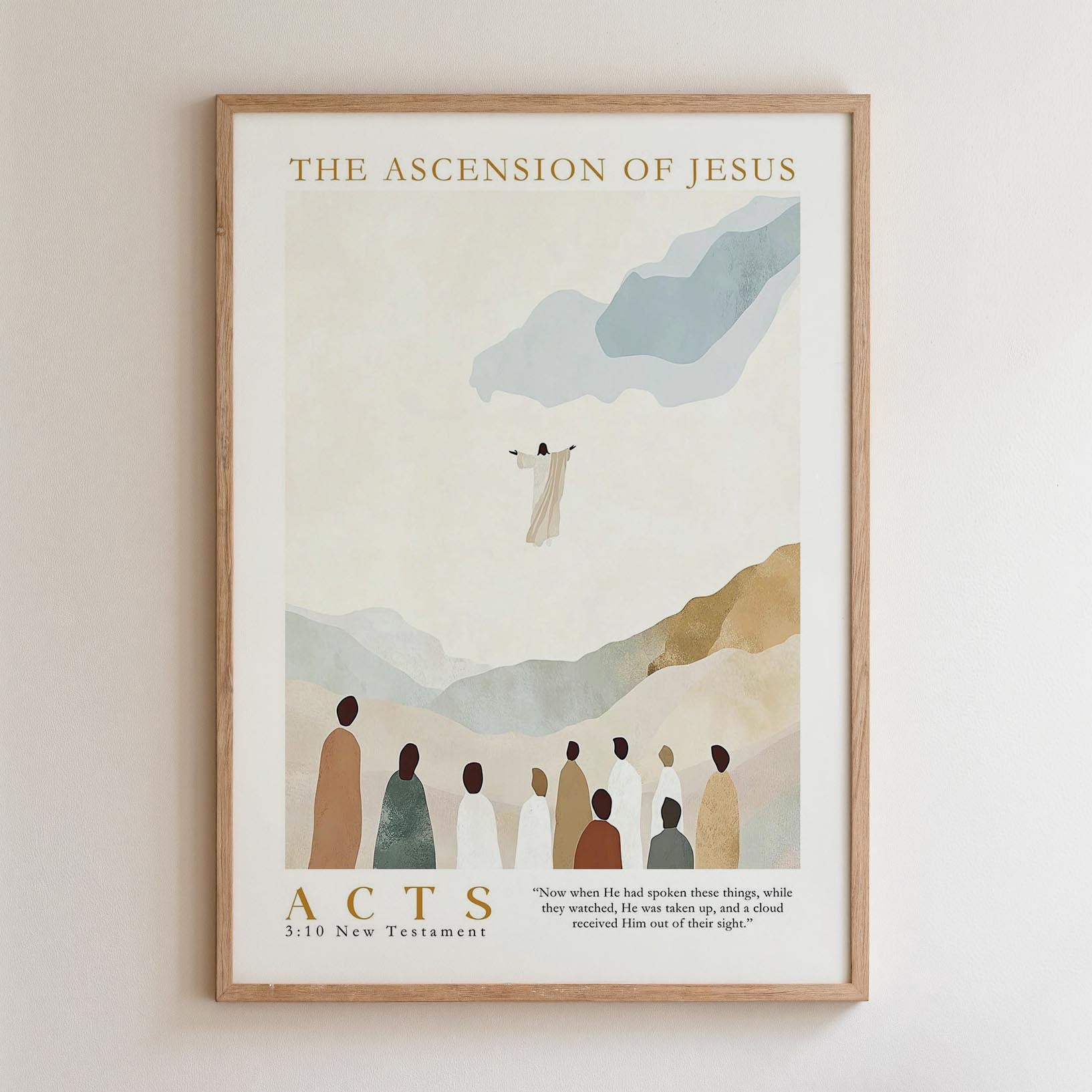 The image is a framed poster depicting a religious scene with a figure in a white robe and a cloud in the sky, along with a group of people in the foreground.